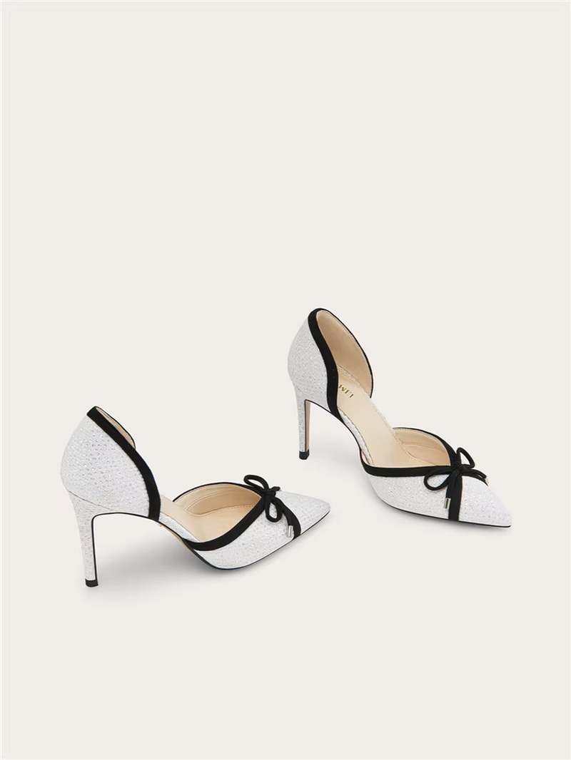 Women's Rhinestone Bow High Heel Sandals – Pointed Toe Hollow Mesh Stiletto Dress Shoes