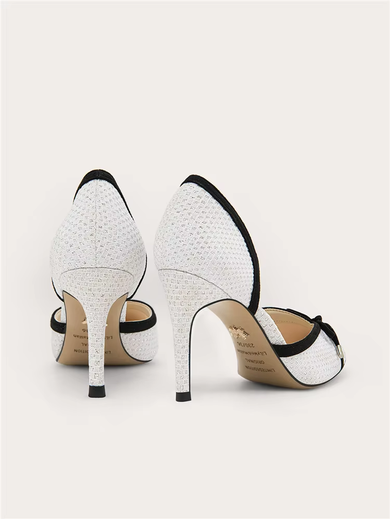 Women's Rhinestone Bow High Heel Sandals – Pointed Toe Hollow Mesh Stiletto Dress Shoes
