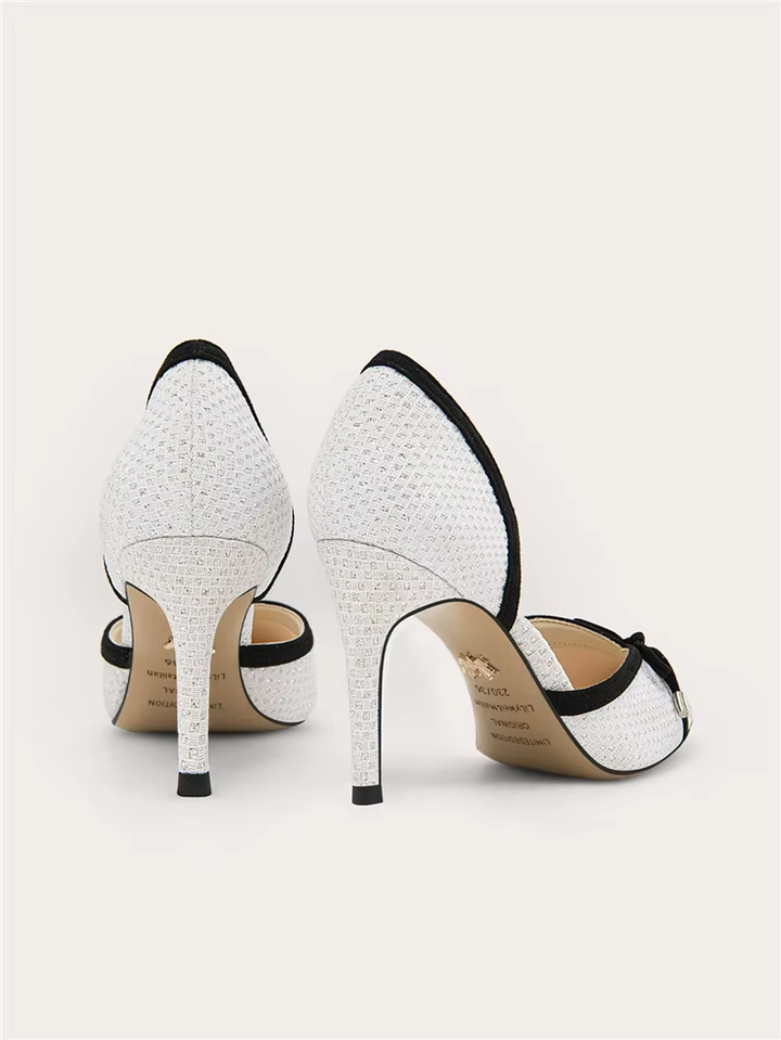 Women's Rhinestone Bow High Heel Sandals – Pointed Toe Hollow Mesh Stiletto Dress Shoes