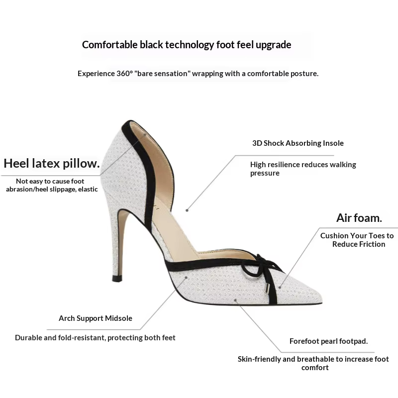 Women's Rhinestone Bow High Heel Sandals – Pointed Toe Hollow Mesh Stiletto Dress Shoes