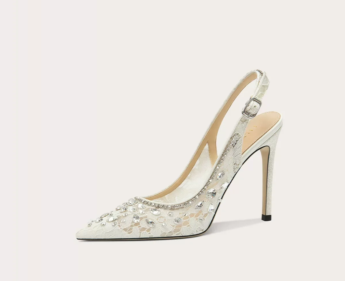 Luxury Crystal Lace Mesh Wedding Sandals for Women – Pointed Toe High Heels
