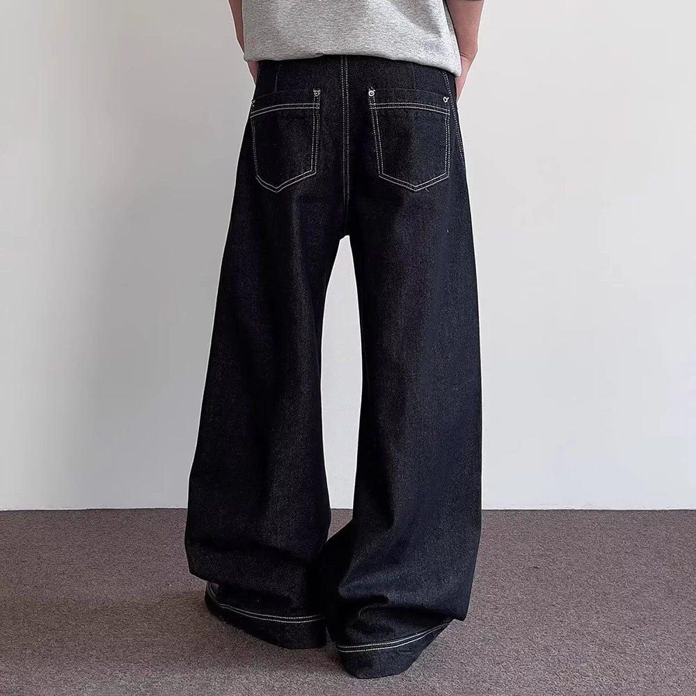 Premium Men's Solid Denim Trousers – American Retro Loose Fit Casual Jeans