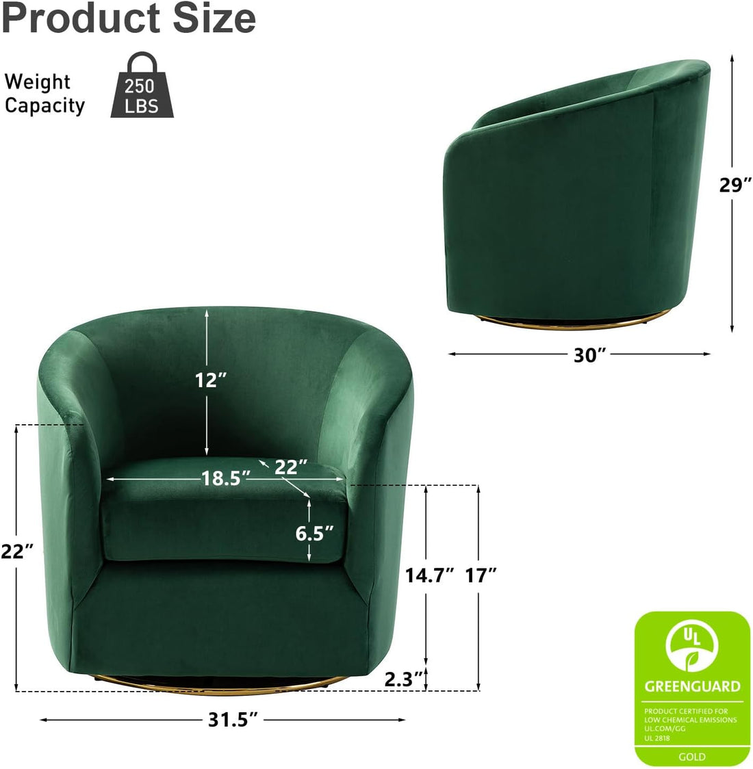 Green armchair with dimensions and weight capacity label on a white background