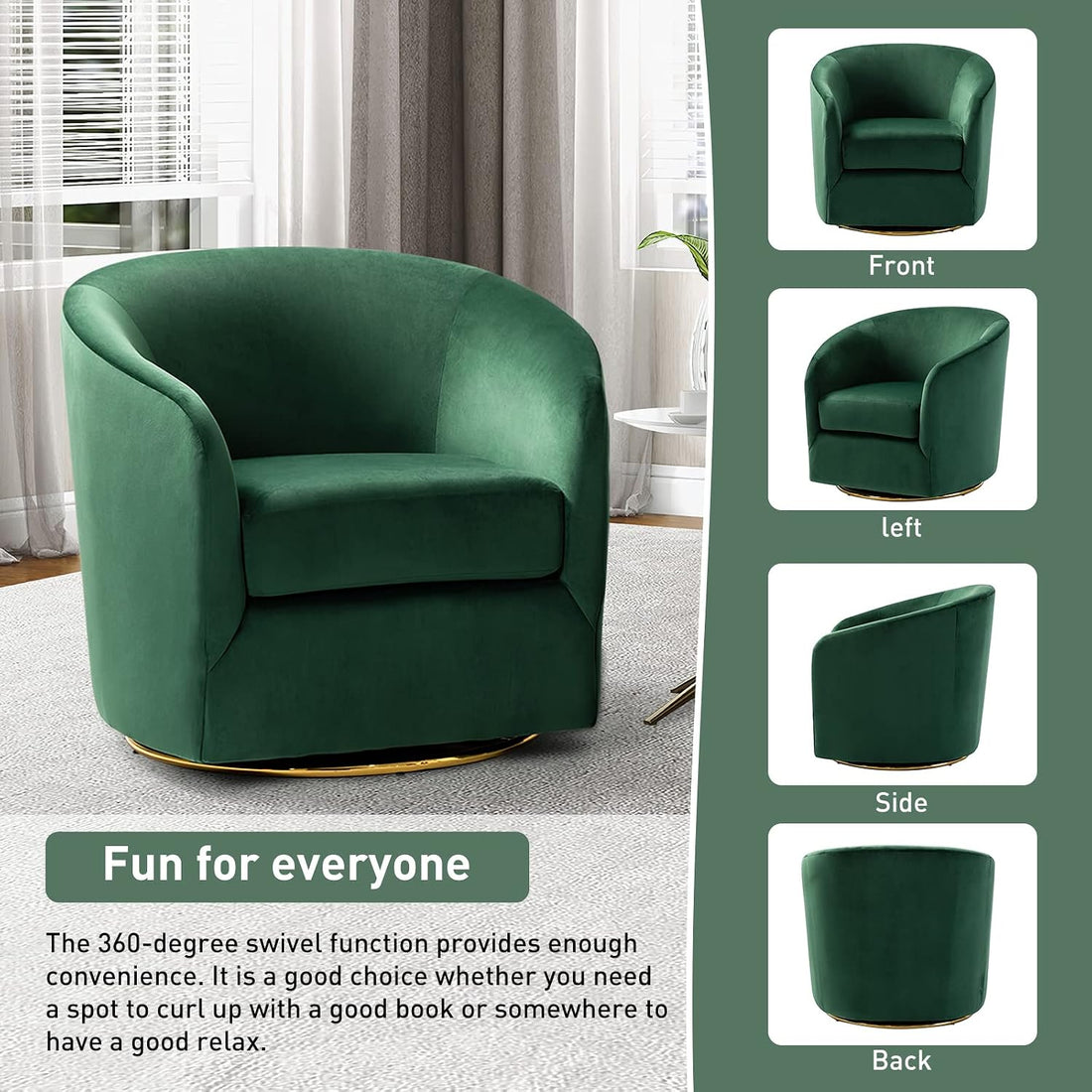 Green swivel chair in a room with curtains and a plant, shown from multiple angles.