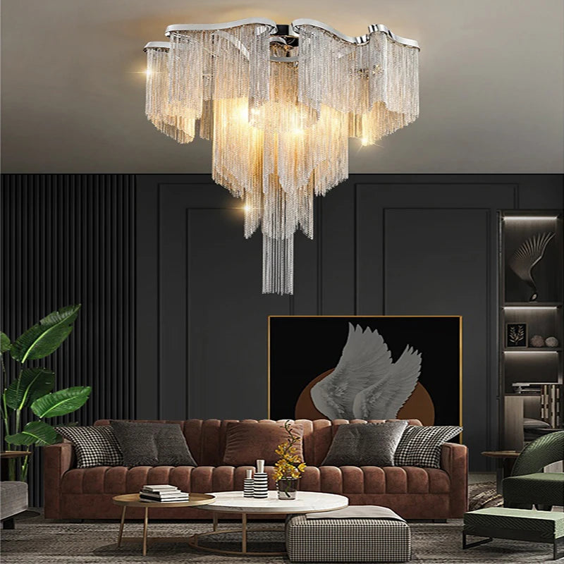 Luxury Gold Silver Tassel Chandelier – Modern Aluminum Ceiling Light for Bedroom, Living Room Luxury Home Décor