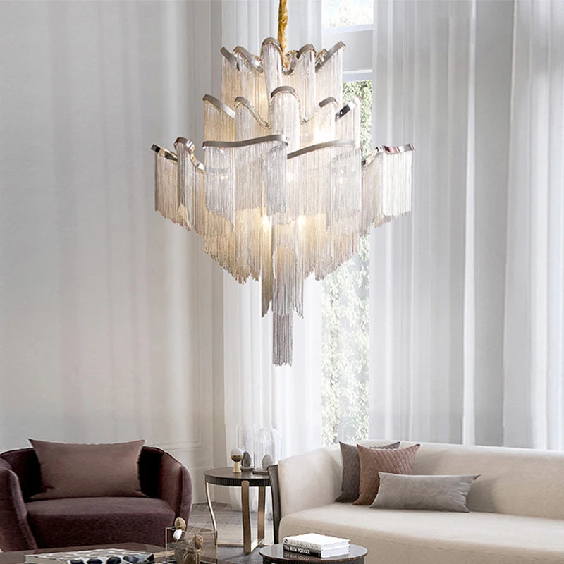 Luxury Gold Silver Tassel Chandelier – Modern Aluminum Ceiling Light for Bedroom, Living Room Luxury Home Décor