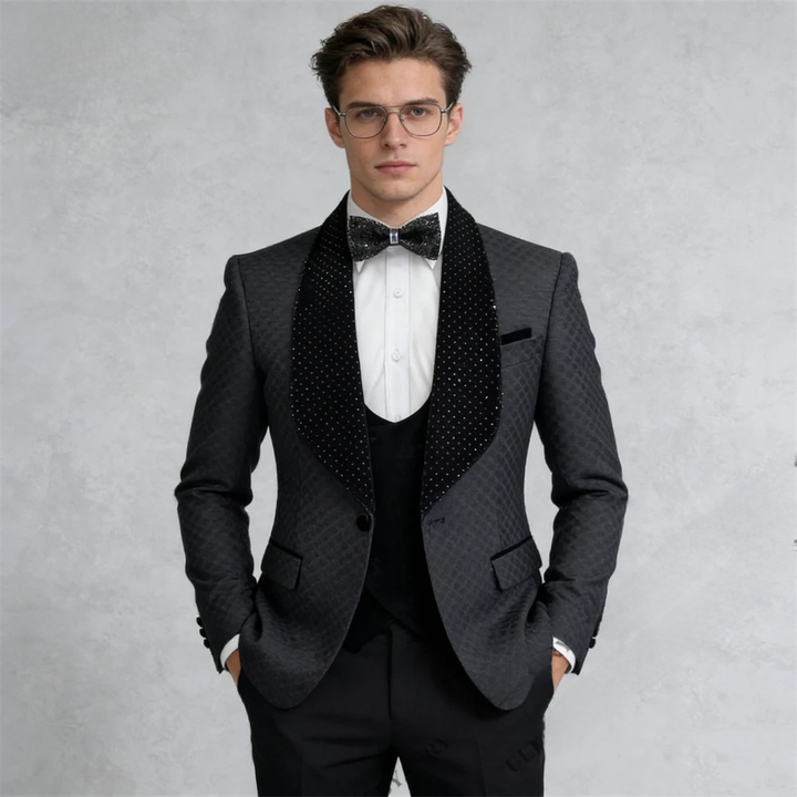 Men’s Three-Piece Shiny Tuxedo Suit – Velvet Collar Jacket, Vest & Slim-Fit Pants