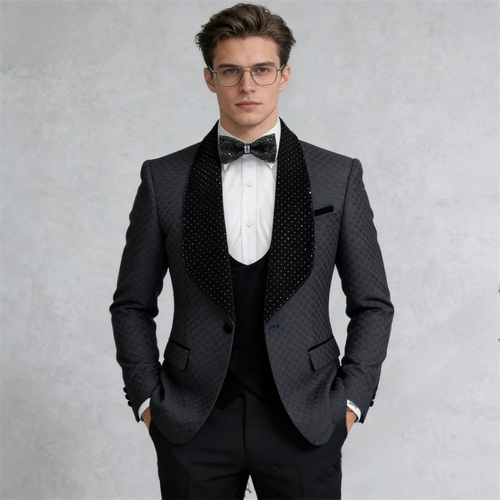 Men’s Three-Piece Shiny Tuxedo Suit – Velvet Collar Jacket, Vest & Slim-Fit Pants