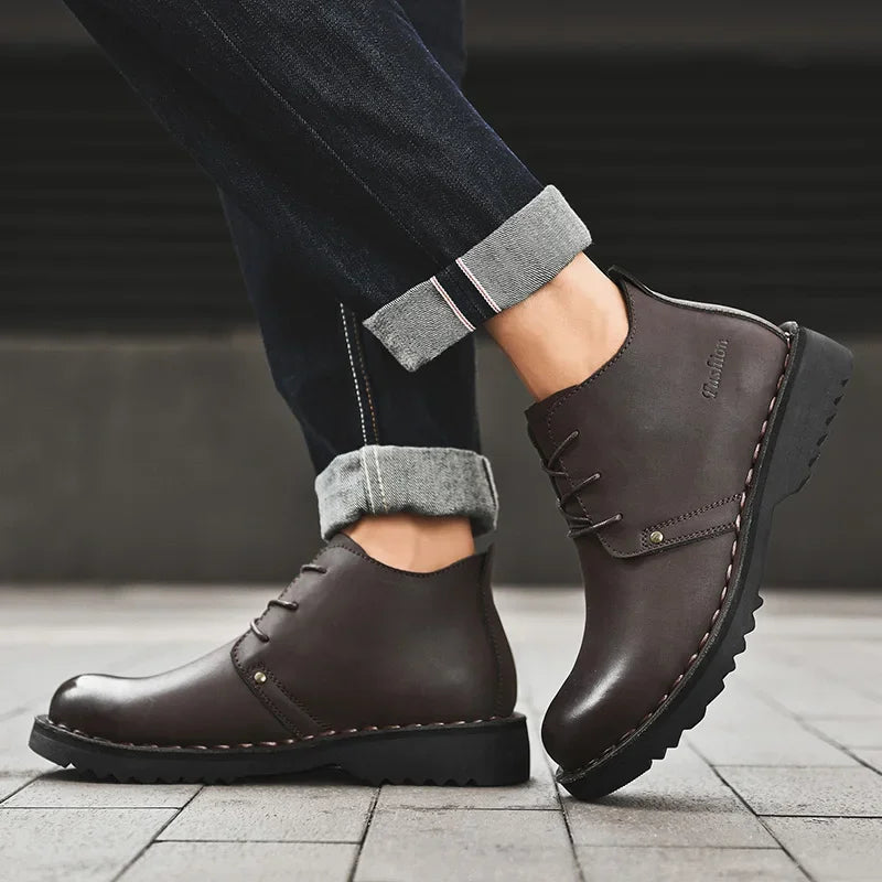 Men's Retro Leather Boots - Platform Outdoor Leisure Flat Boots