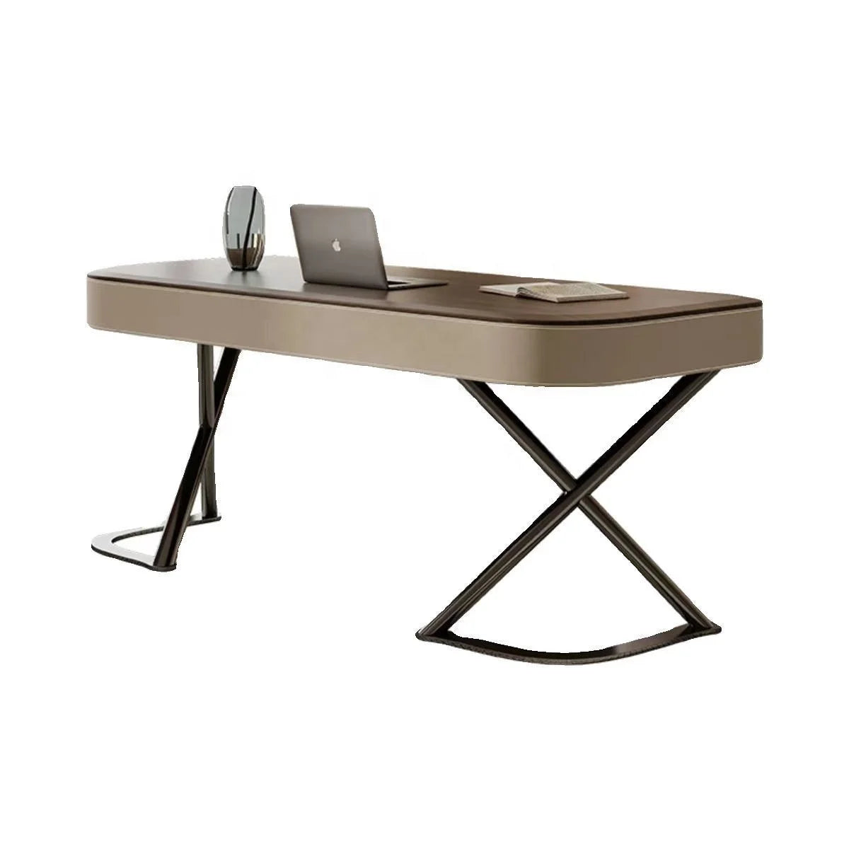 Modern desk with a laptop and decorative items on a white background