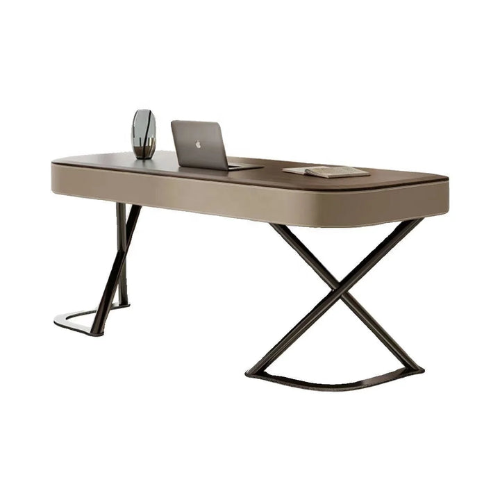Modern desk with a laptop and decorative items on a white background