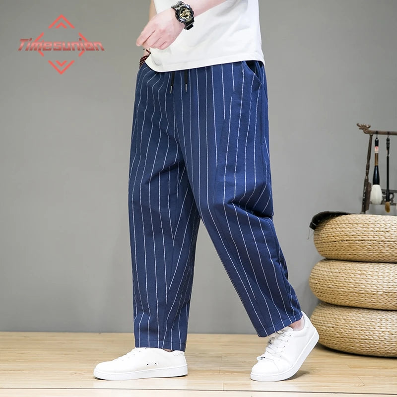 Men's Striped Cotton Linen Wide-Leg Pants - Modern Full-Length Sweatpants