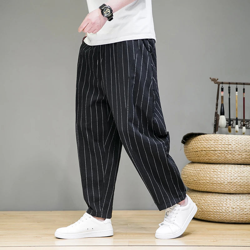 Men's Striped Cotton Linen Wide-Leg Pants - Modern Full-Length Sweatpants