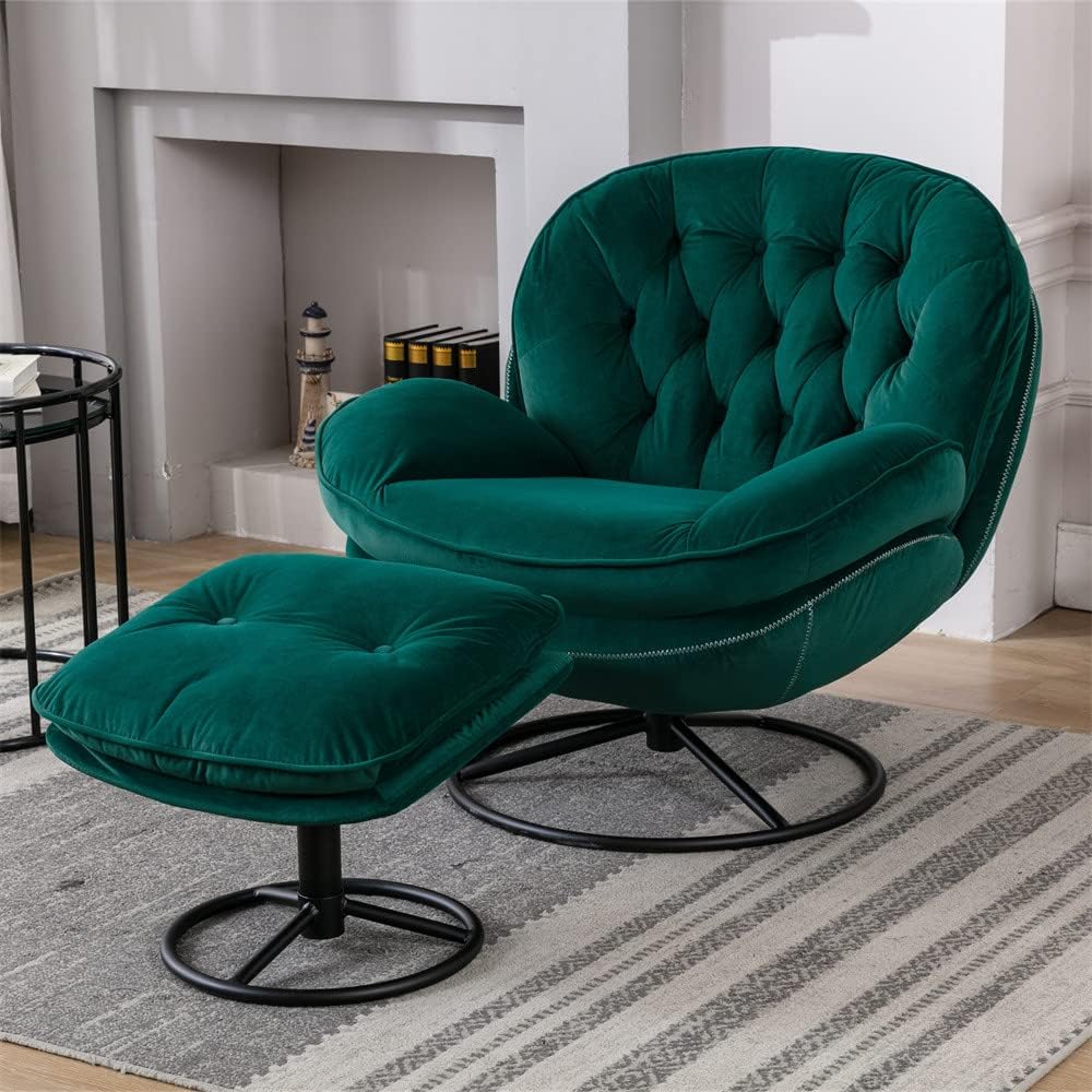 Green velvet swivel chair with ottoman in a living room setting