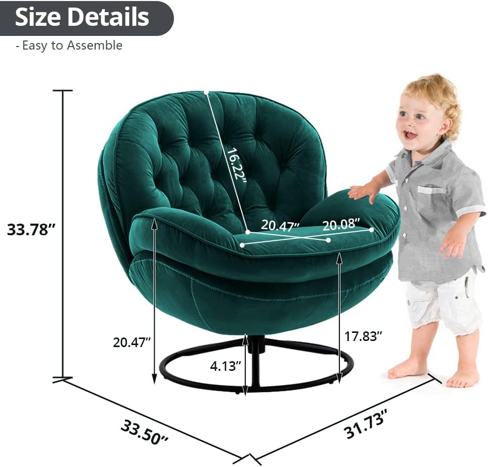 Green velvet chair with dimensions labeled and a child for scale on a white background