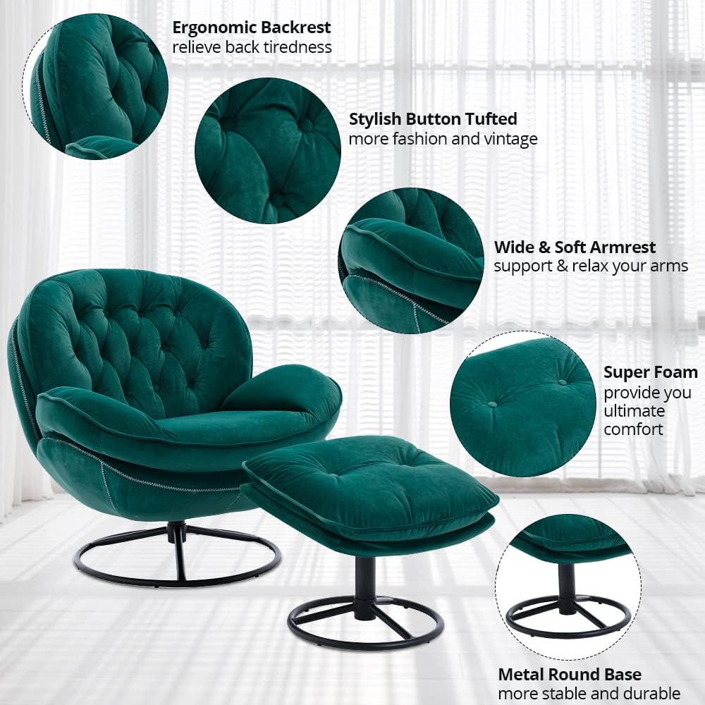 Velvet Swivel Accent Chair with Ottoman Set – Modern 360° Lounge Chair & Footrest with Metal base
