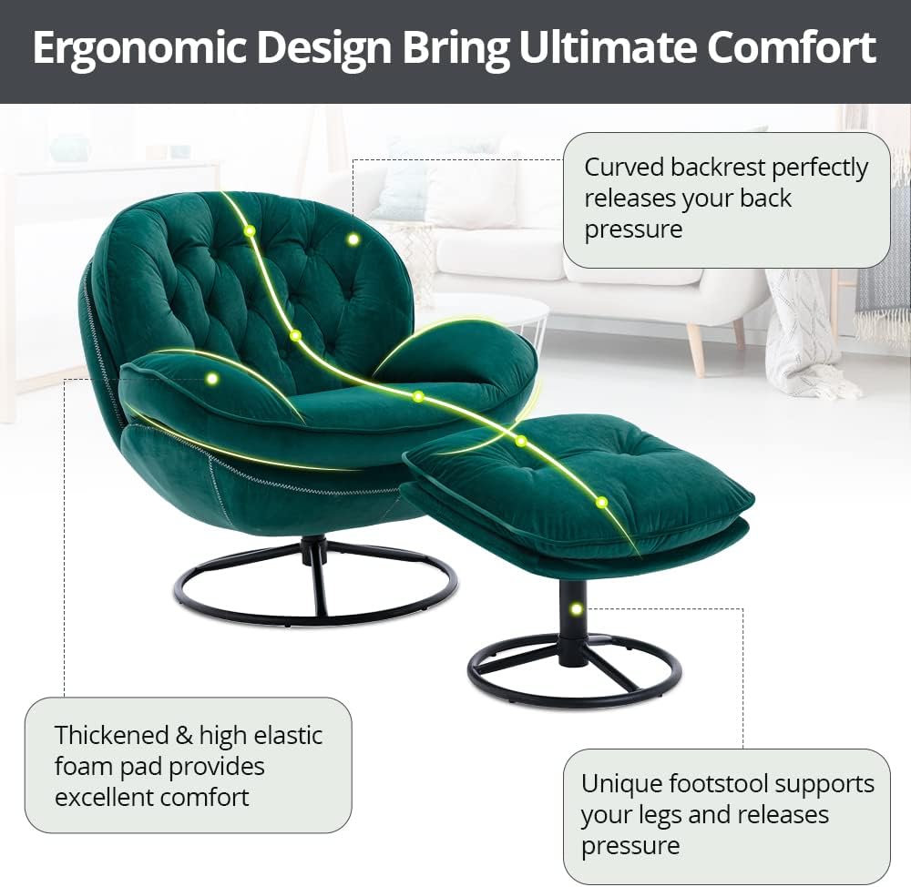 Velvet Swivel Accent Chair with Ottoman Set – Modern 360° Lounge Chair & Footrest with Metal base
