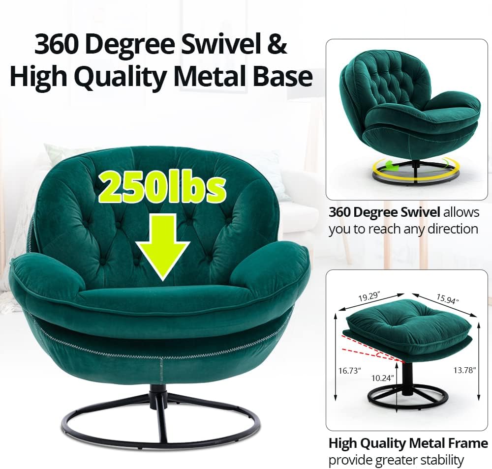 Velvet Swivel Accent Chair with Ottoman Set – Modern 360° Lounge Chair & Footrest with Metal base