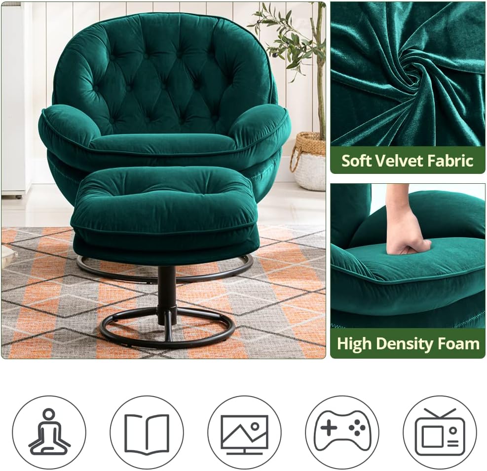 Velvet Swivel Accent Chair with Ottoman Set – Modern 360° Lounge Chair & Footrest with Metal base