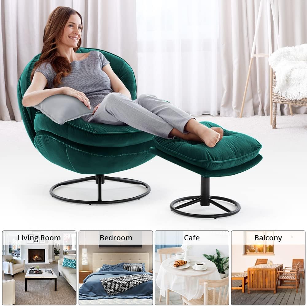 Velvet Swivel Accent Chair with Ottoman Set – Modern 360° Lounge Chair & Footrest with Metal base