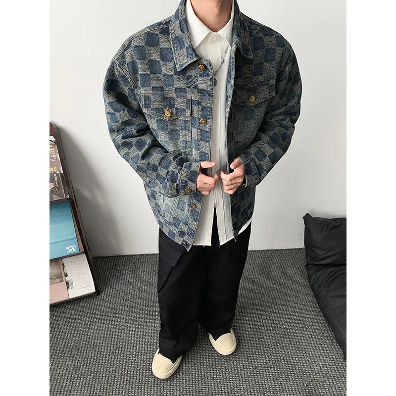 Men’s Vintage Plaid Denim Jacket – Loose Fit