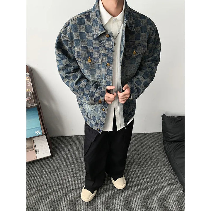 Men’s Vintage Plaid Denim Jacket – Loose Fit