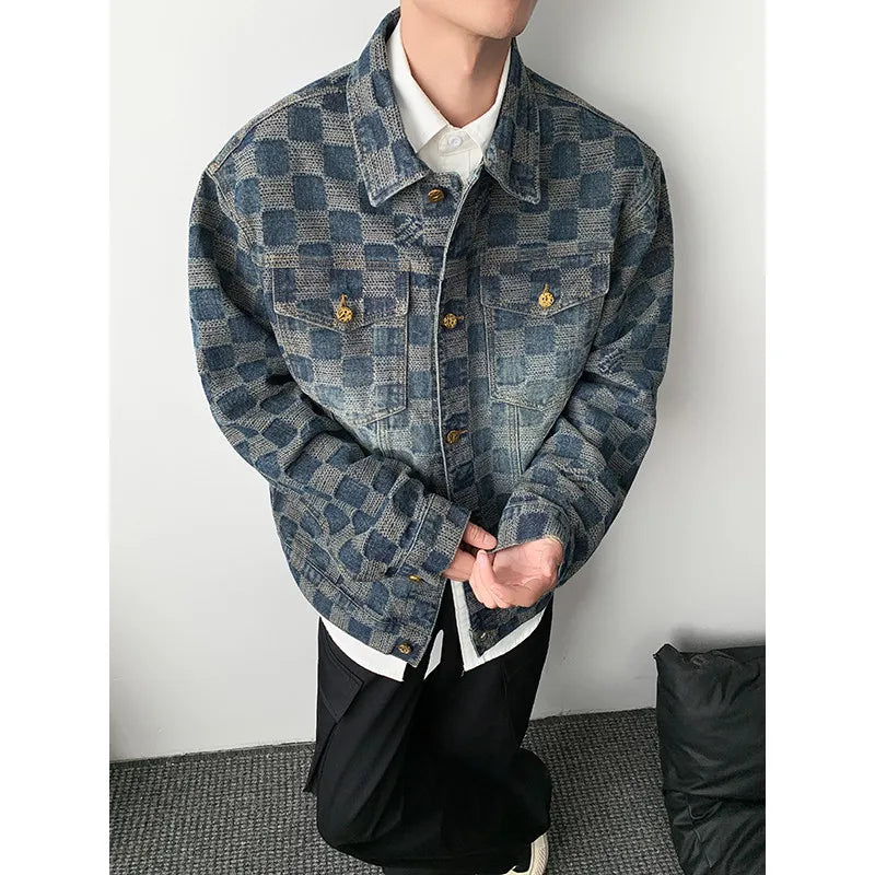 Men’s Vintage Plaid Denim Jacket – Loose Fit