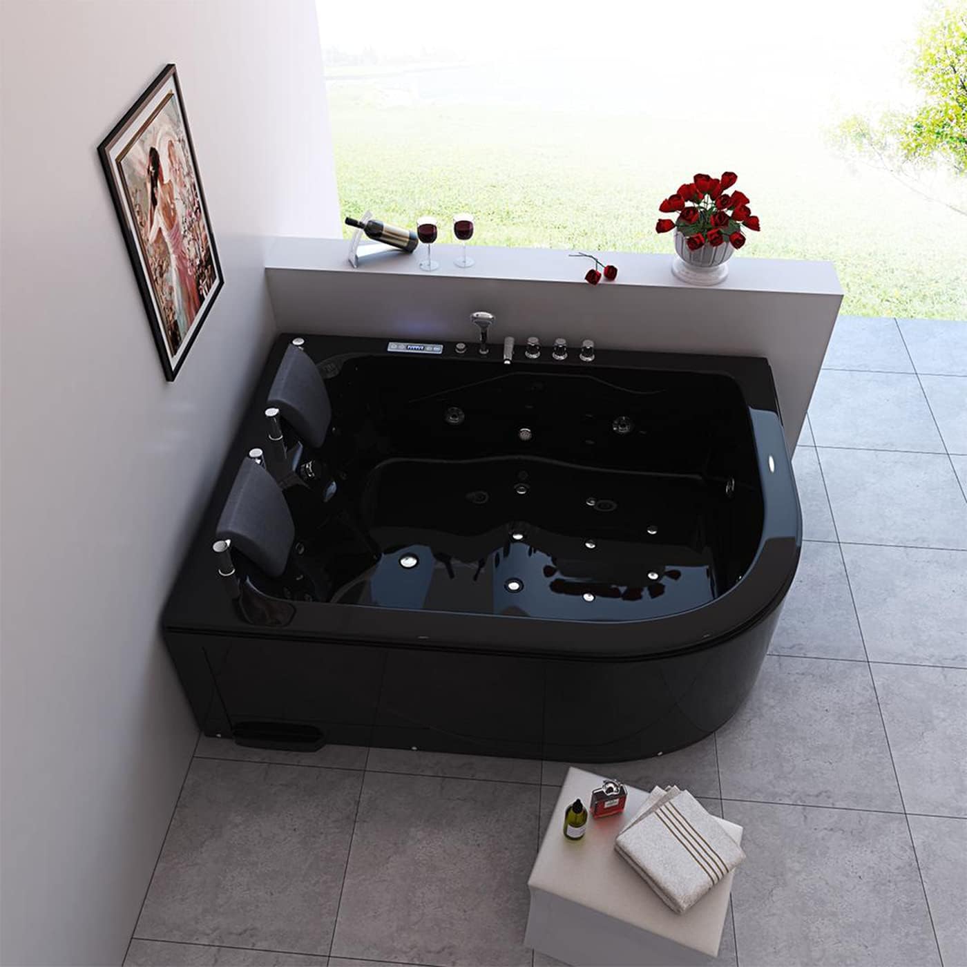 Modern Whirlpool Bathtub Hot Tub Black with Double Pump – 2 Person New Spa Bath with Heater