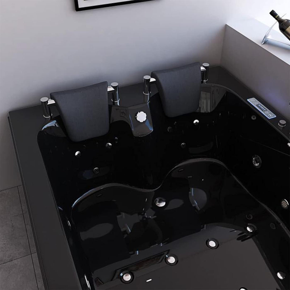 Black Jacuzzi bathtub with two seats in a modern bathroom setting