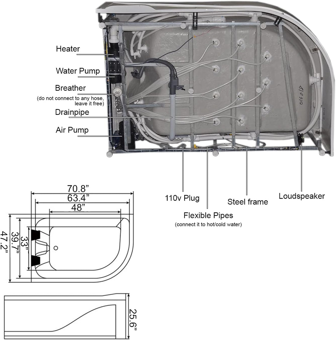 Modern Whirlpool Bathtub Hot Tub Black with Double Pump – 2 Person New Spa Bath with Heater