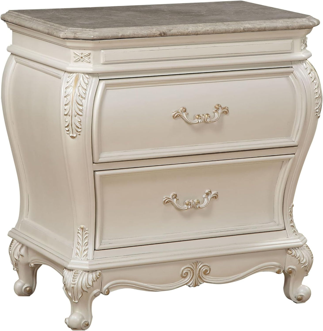 Luxury Home White 2-Drawer Nightstand with Curved Queen Anne Style Legs – Elegant Bedroom Side Table