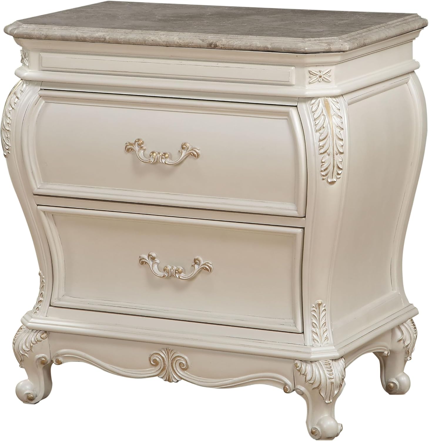 Luxury Home White 2-Drawer Nightstand with Curved Queen Anne Style Legs – Elegant Bedroom Side Table