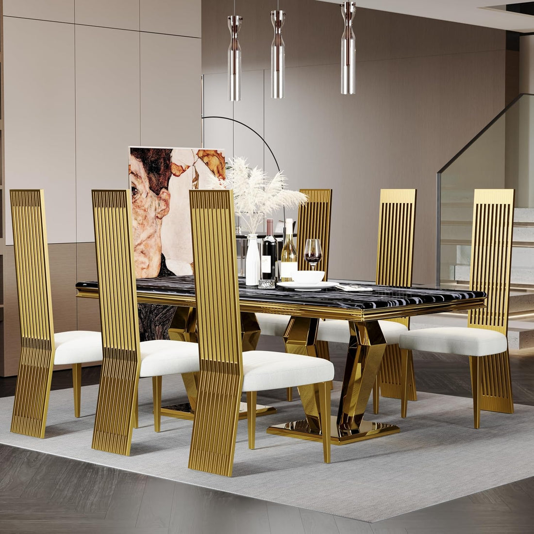 Modern dining room with a gold and white chair set around a marble table.
