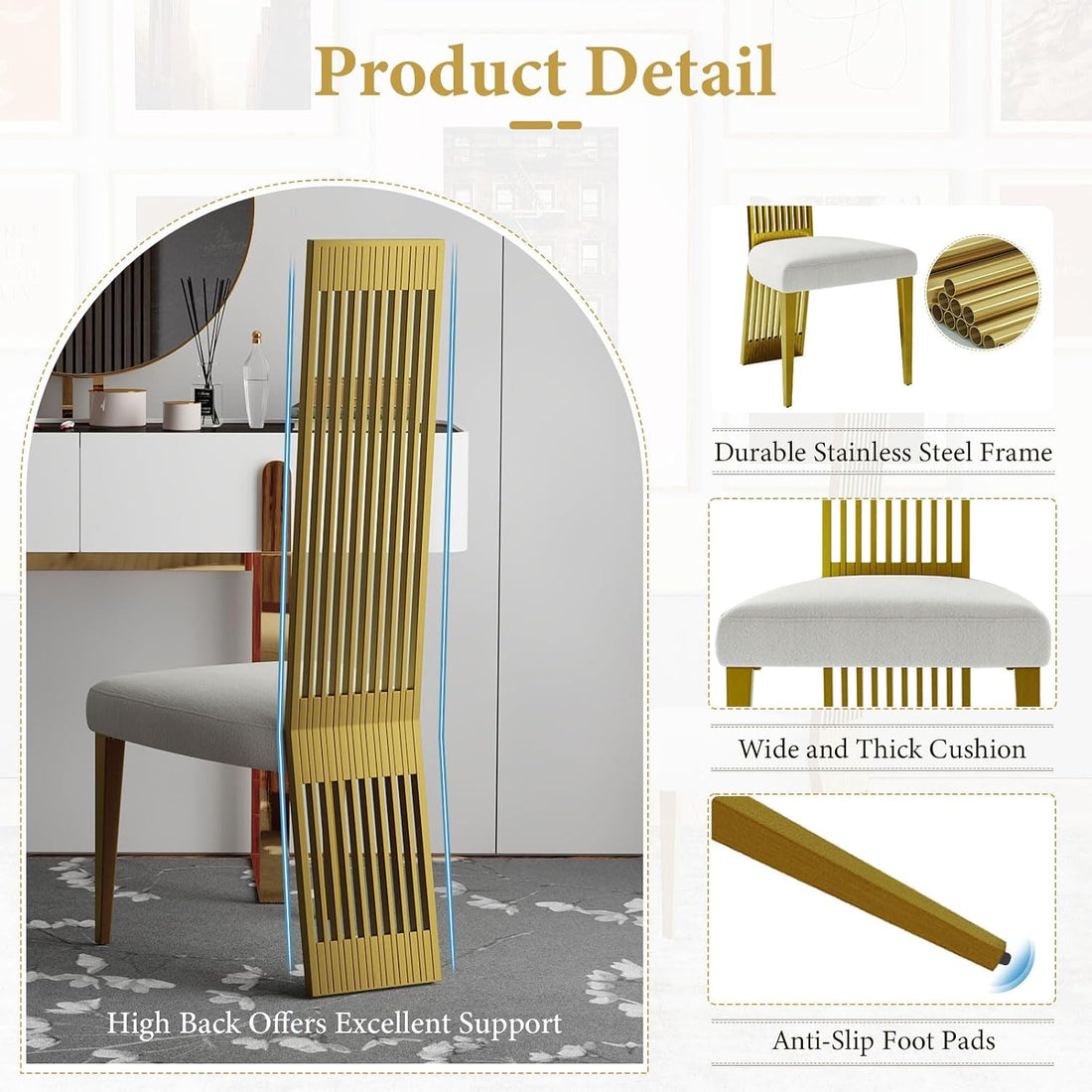 Premium Home Decor White and Gold Dining Chairs Set of 2 – Upholstered High Back Chairs