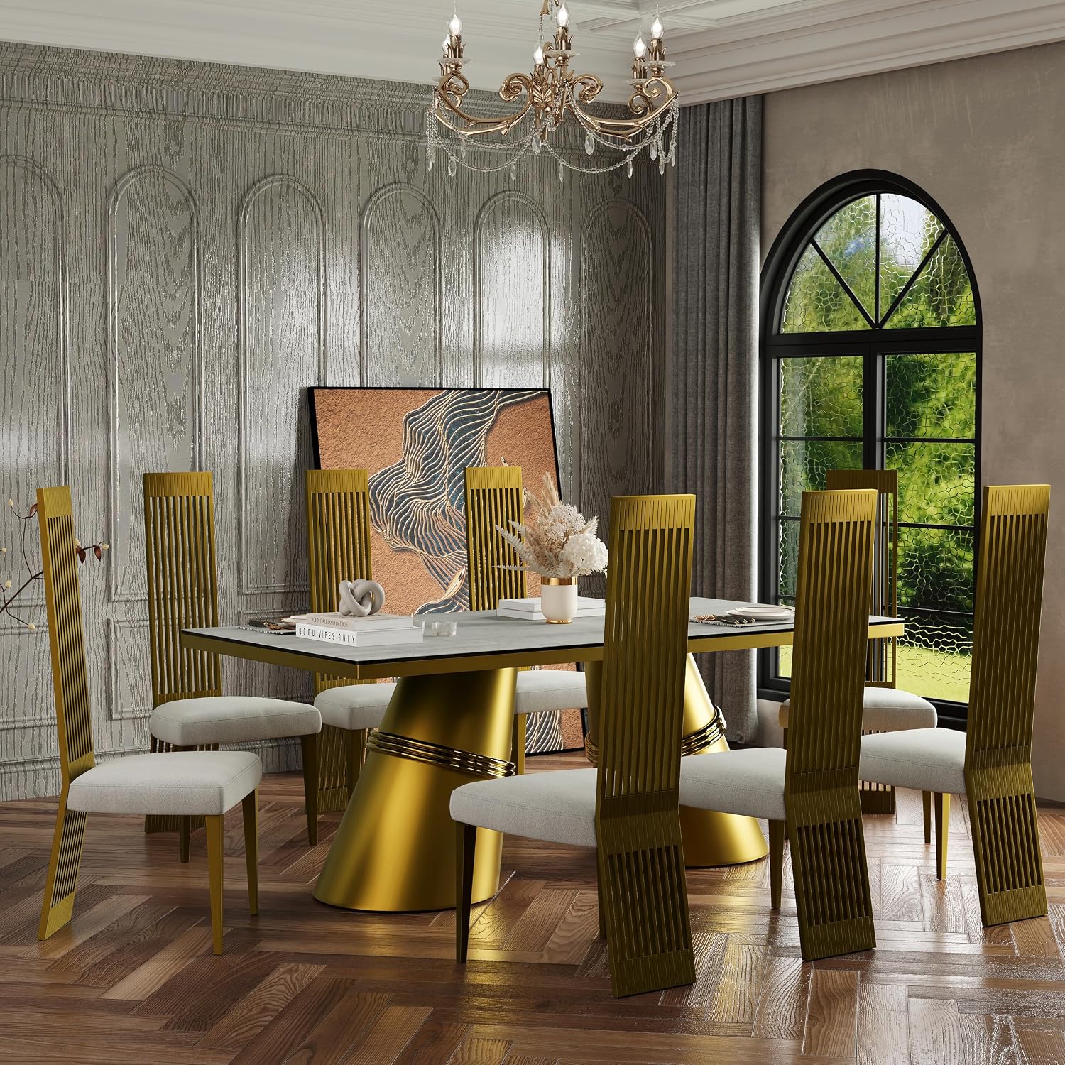 Premium Home Decor White and Gold Dining Chairs Set of 2 – Upholstered High Back Chairs
