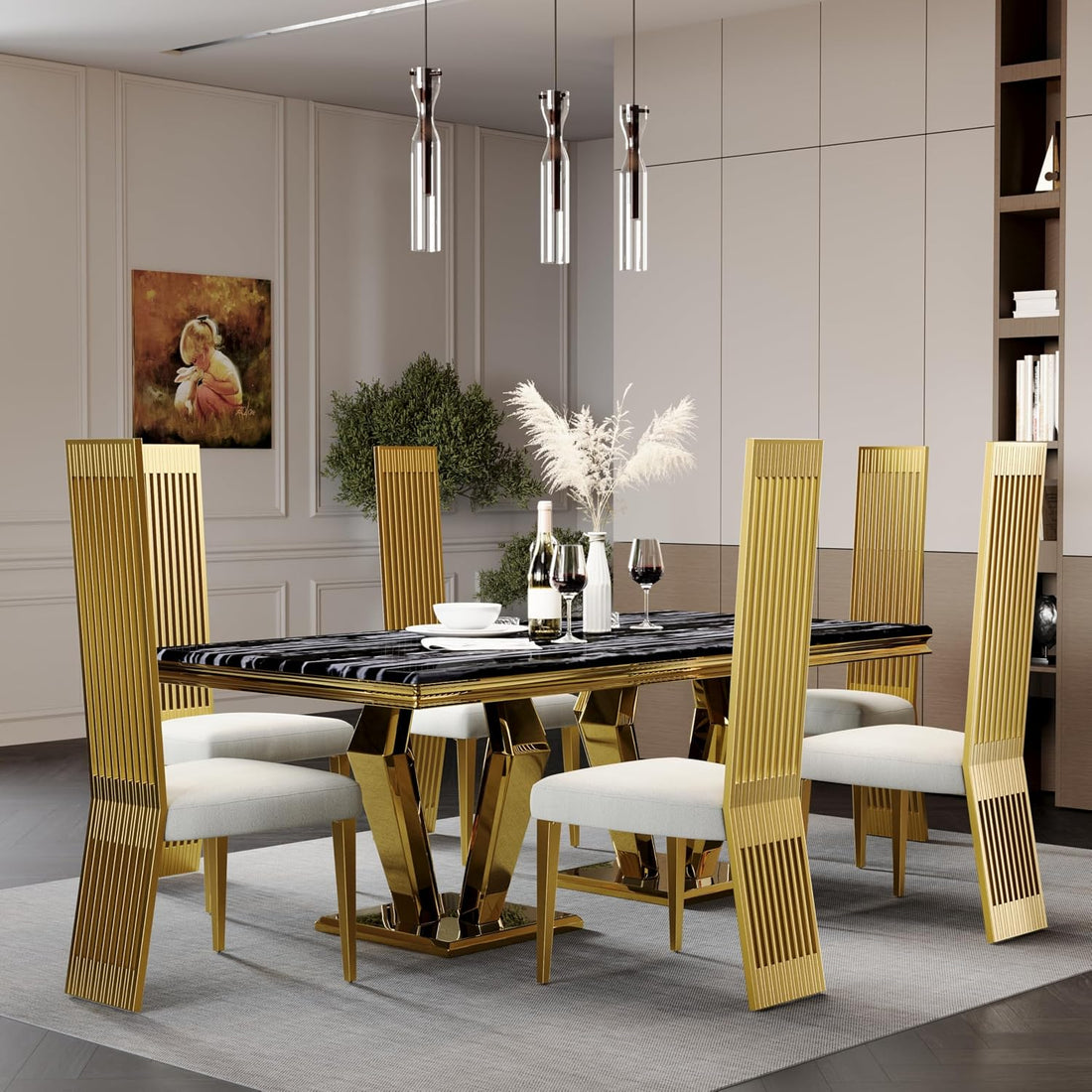 Dining room with a modern gold and black dining table and chairs.