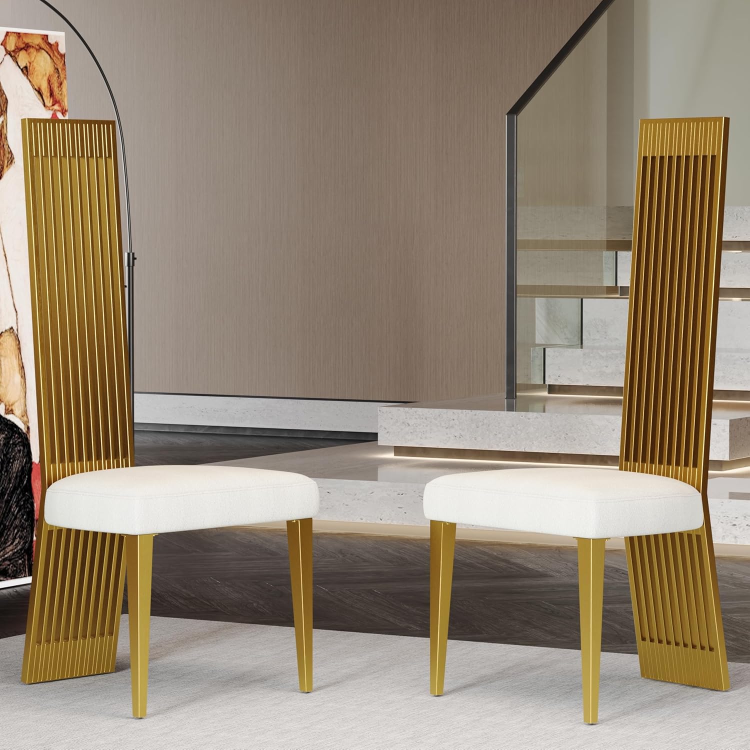 Premium Home Decor White and Gold Dining Chairs Set of 2 – Upholstered High Back Chairs
