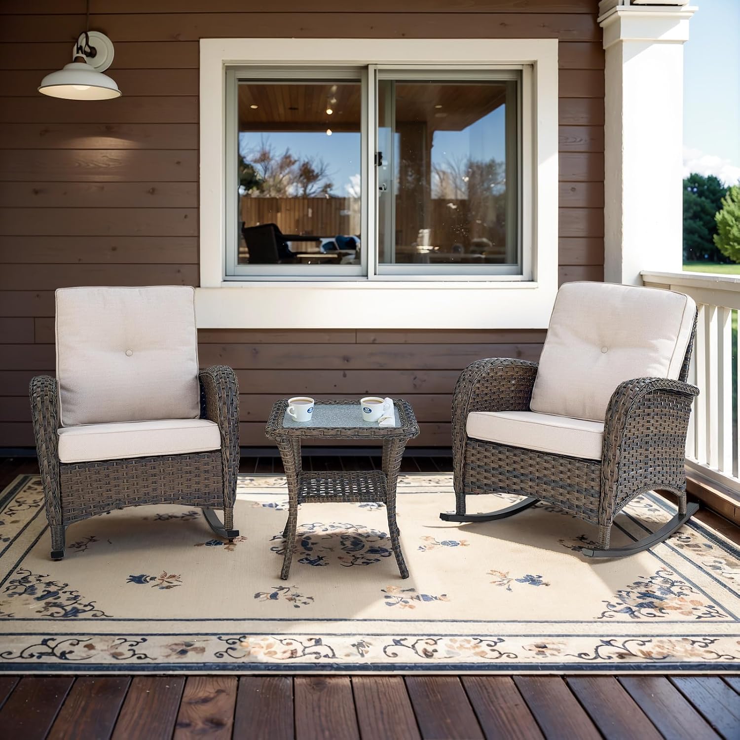 New Outdoor 3-Piece Porch Rocking Chair Bistro Set with Side Table – High Back Outdoor Patio Set