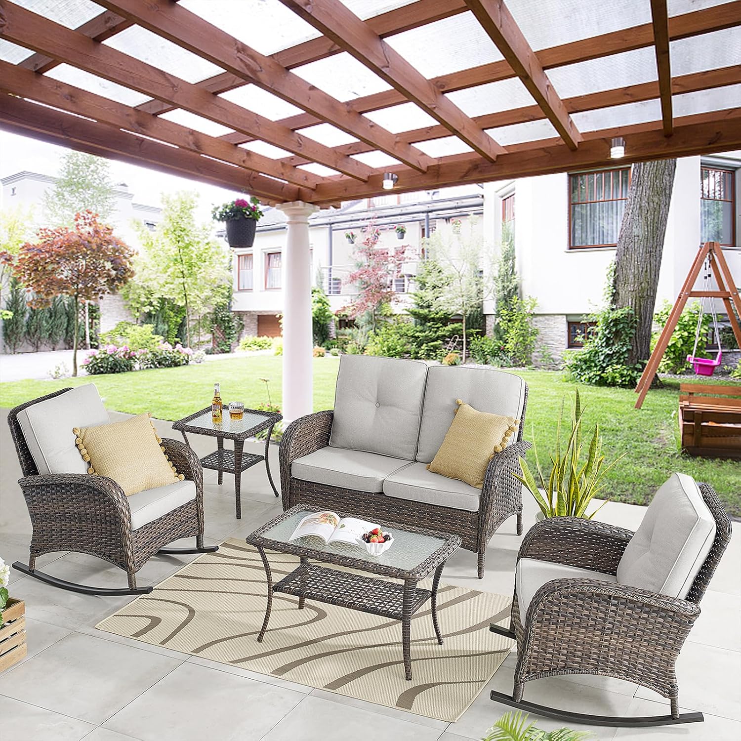 New Outdoor 3-Piece Porch Rocking Chair Bistro Set with Side Table – High Back Outdoor Patio Set