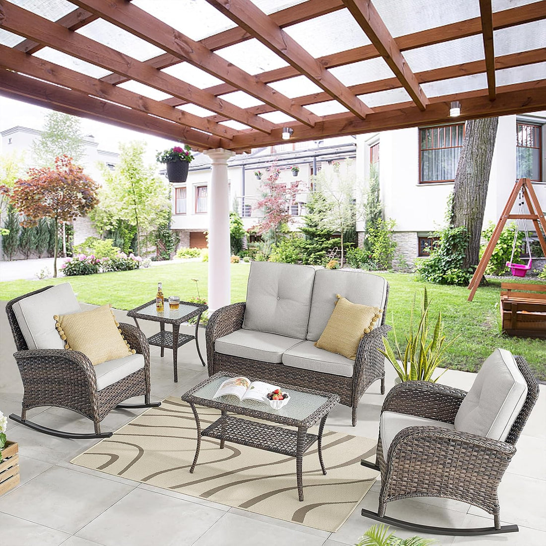 New Outdoor 3-Piece Porch Rocking Chair Bistro Set with Side Table – High Back Outdoor Patio Set