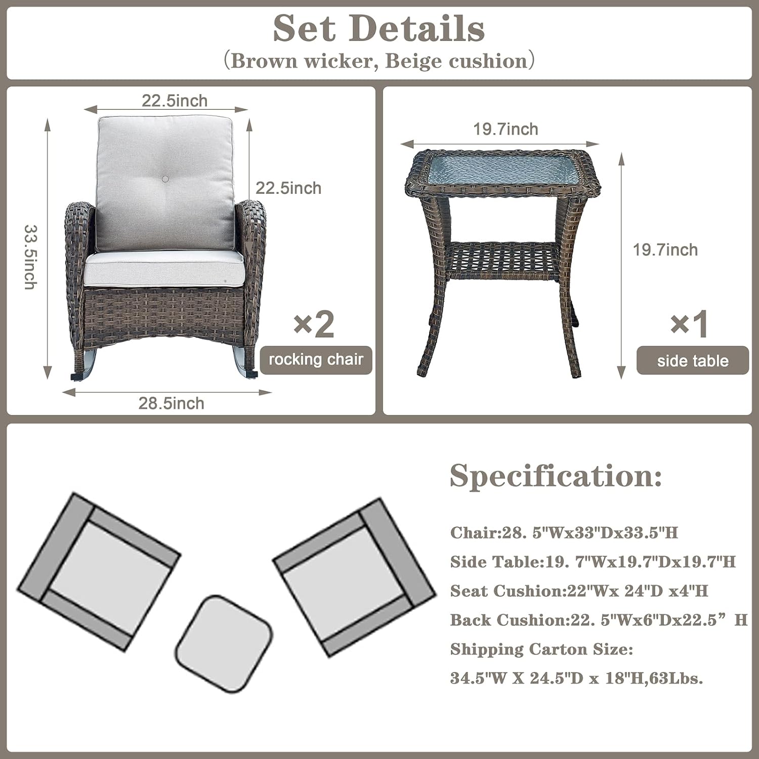 New Outdoor 3-Piece Porch Rocking Chair Bistro Set with Side Table – High Back Outdoor Patio Set