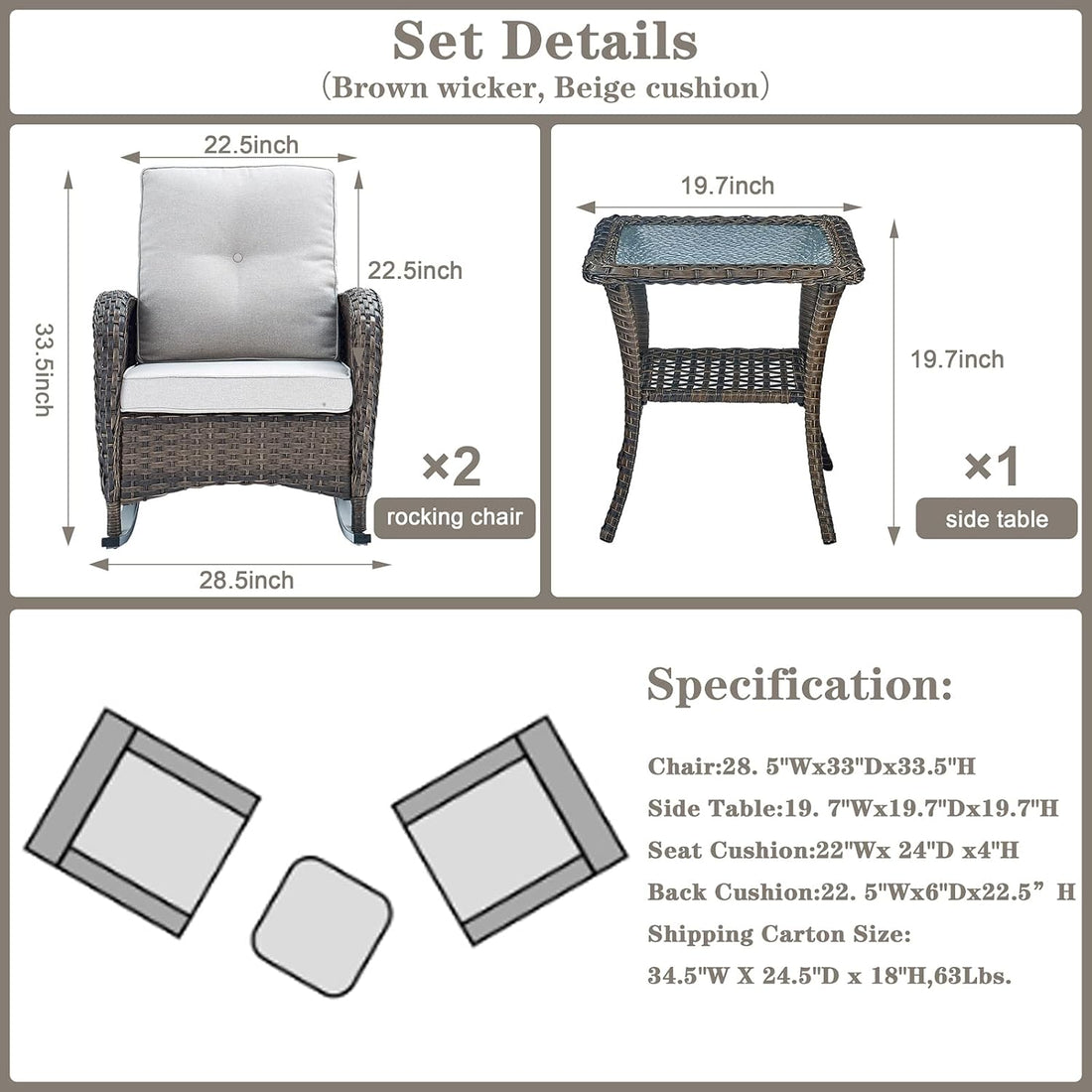 New Outdoor 3-Piece Porch Rocking Chair Bistro Set with Side Table – High Back Outdoor Patio Set