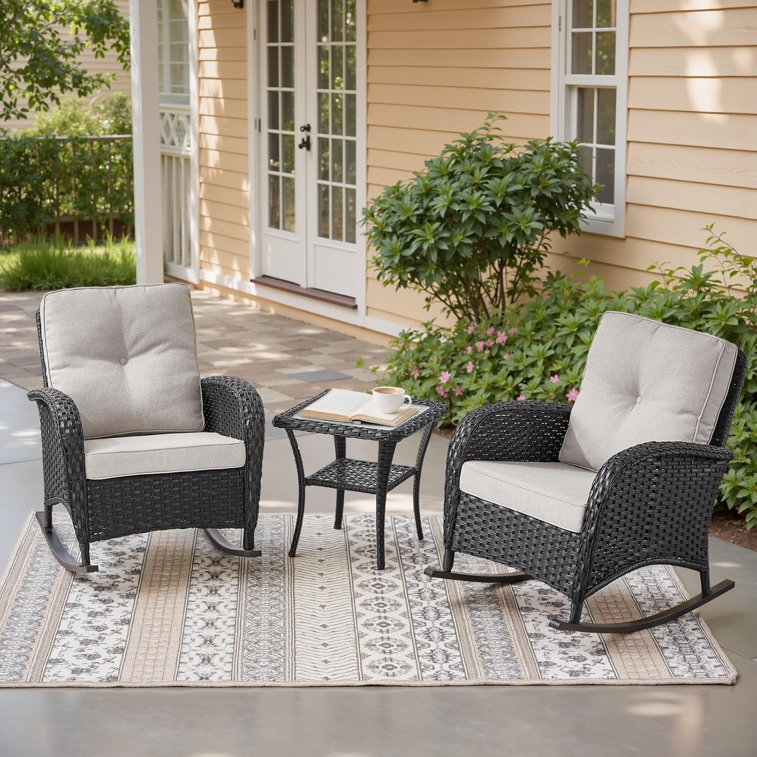 New Outdoor 3-Piece Porch Rocking Chair Bistro Set with Side Table – High Back Outdoor Patio Set