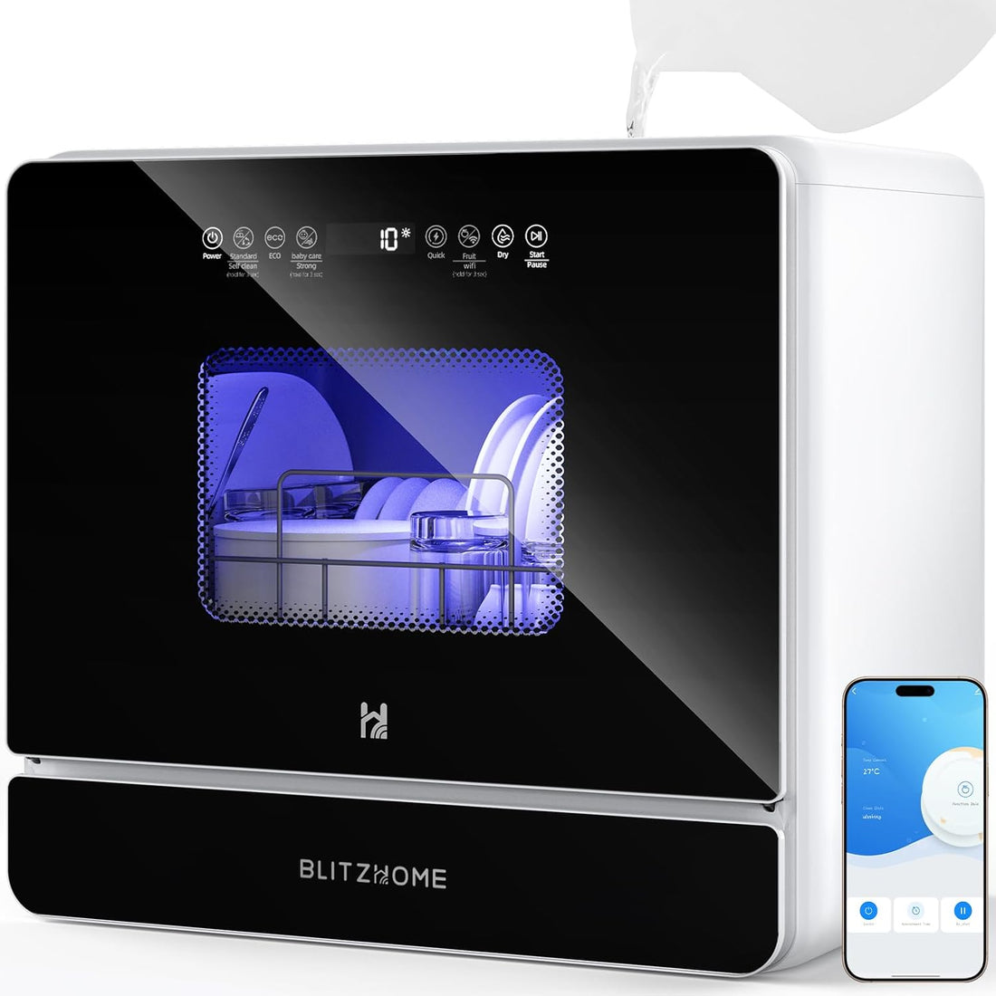 Dishwasher with digital display and smartphone app interface, featuring the brand 'Blitzhome'.