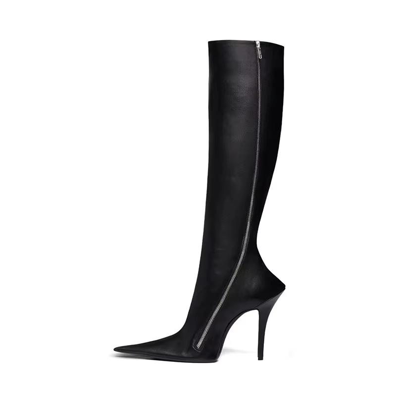 Women Black Knee-High Boots – Sleek Pointed Toe Slim Heel Design
