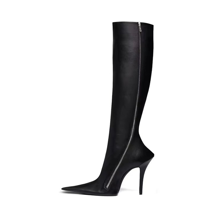 Women Black Knee-High Boots – Sleek Pointed Toe Slim Heel Design