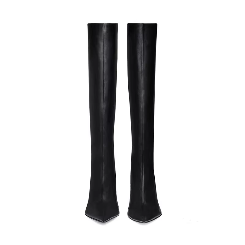 Women Black Knee-High Boots – Sleek Pointed Toe Slim Heel Design
