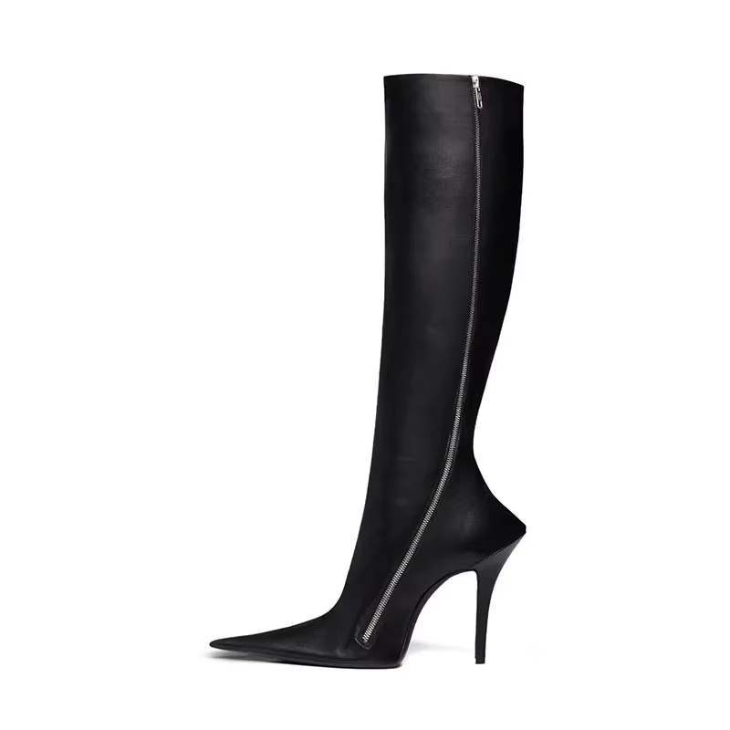 Women Black Knee-High Boots – Sleek Pointed Toe Slim Heel Design
