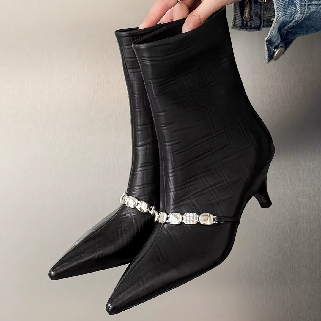 Luxury Women's Cow Leather Ankle Boots – Pointed Toe Chain Detail, 5cm Slim Heel