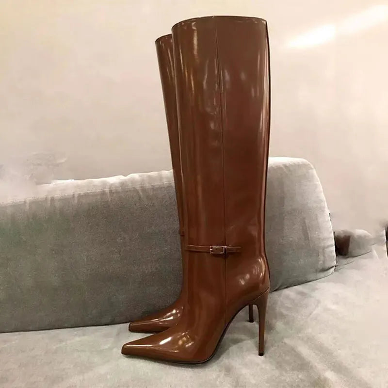Italian Women's Knee-High Pointed Toe leather Women Boots